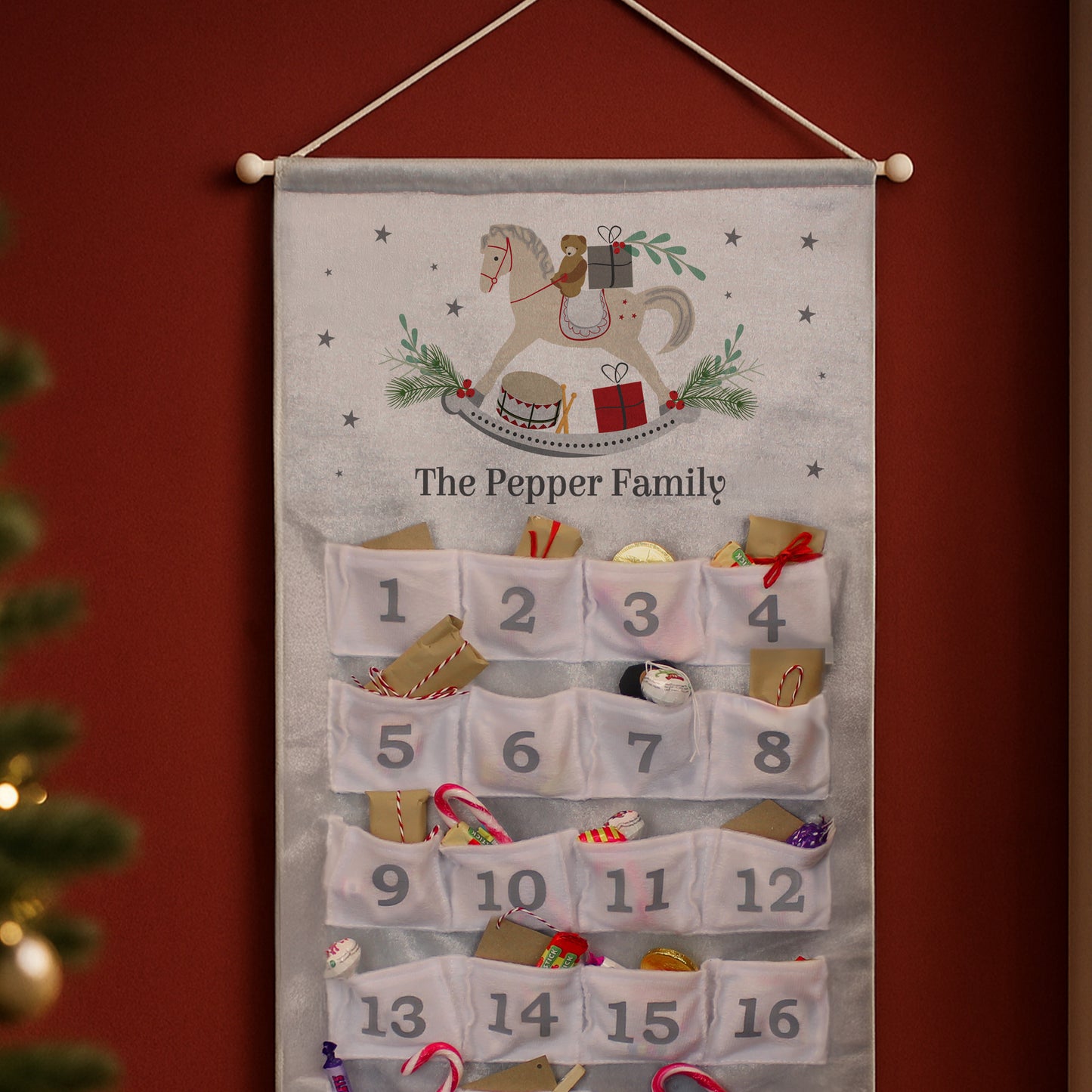 Personalised Rocking Horse Advent Calendar In Silver Grey