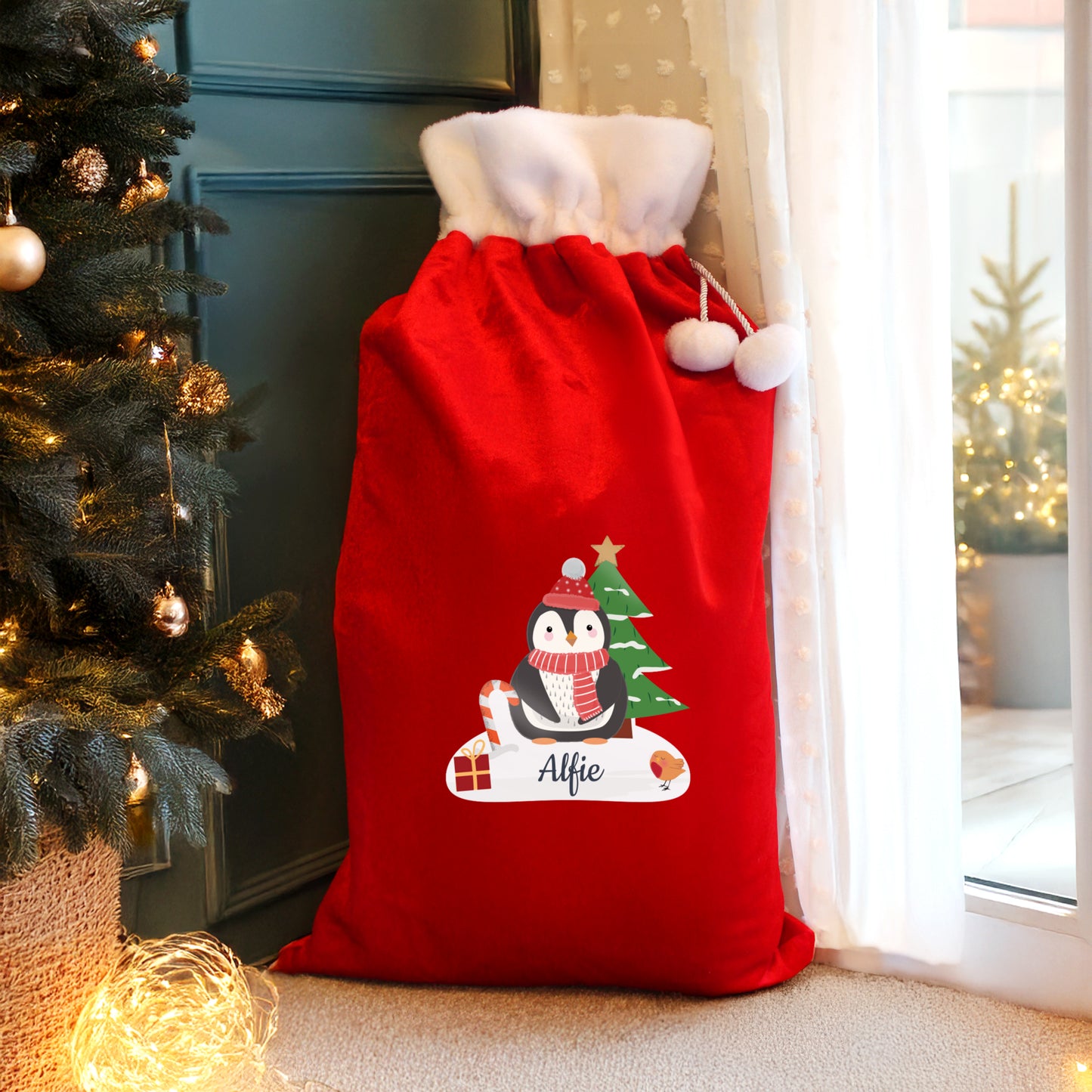 Children's Personalised Penguin Santa Christmas Sack, Luxury Christmas Sack 68cm
