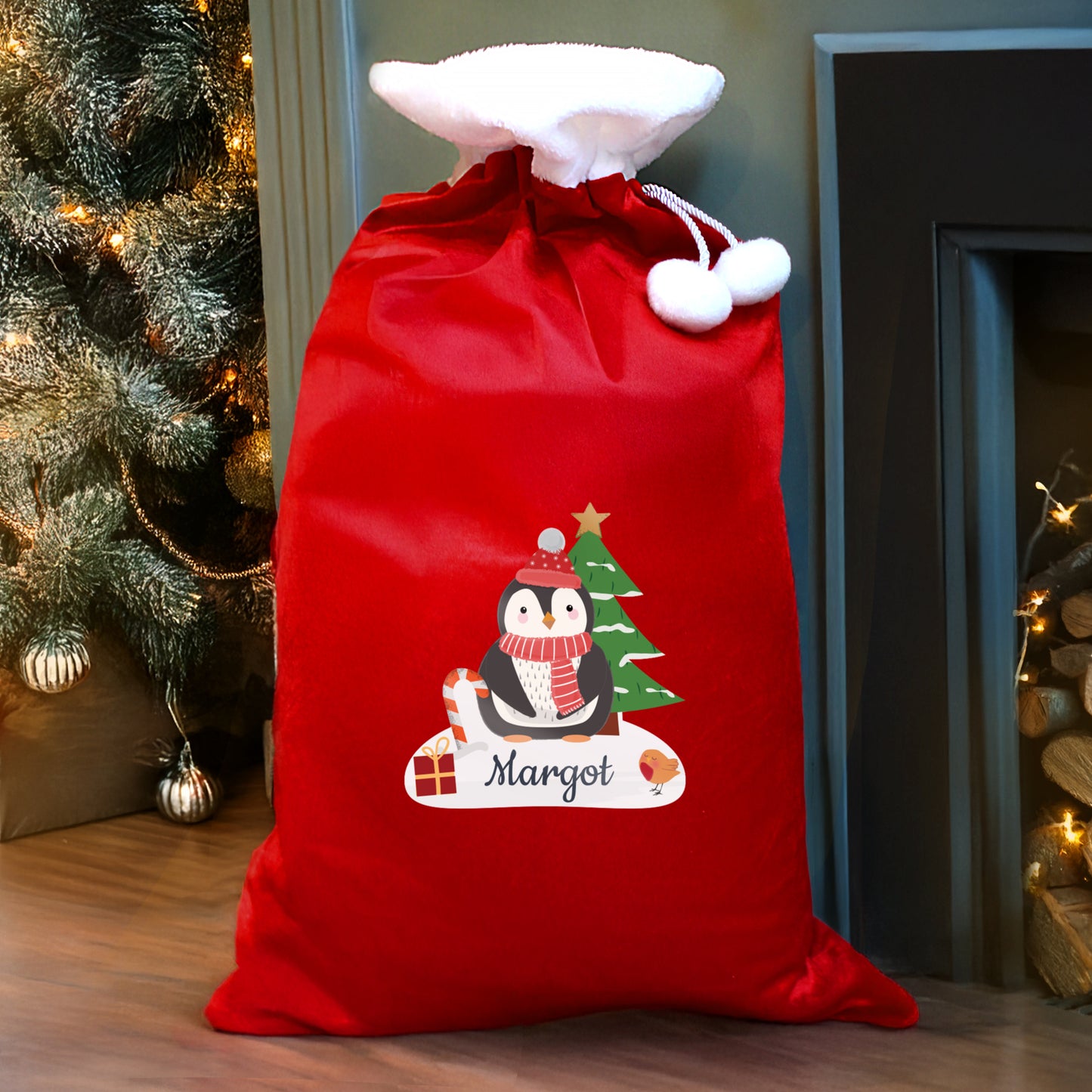 Children's Personalised Penguin Santa Christmas Sack, Luxury Christmas Sack 68cm