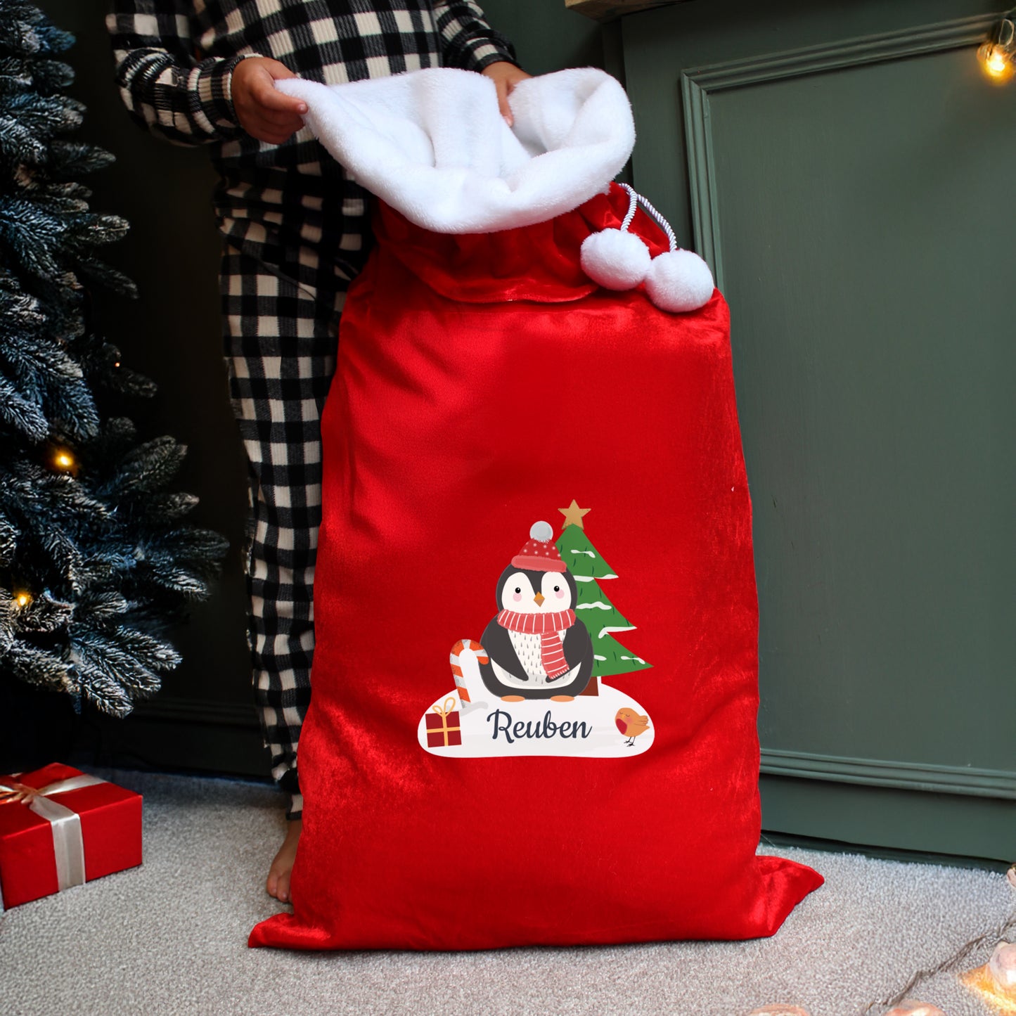 Children's Personalised Penguin Santa Christmas Sack, Luxury Christmas Sack 68cm