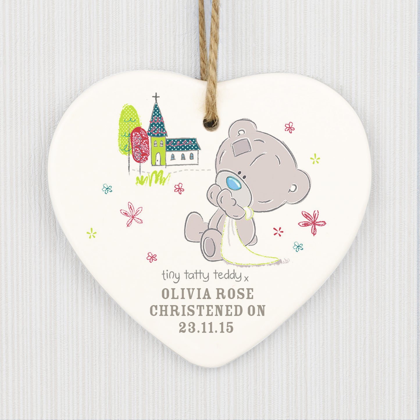 Tiny Tatty Teddy Christening Ceramic Heart Decoration