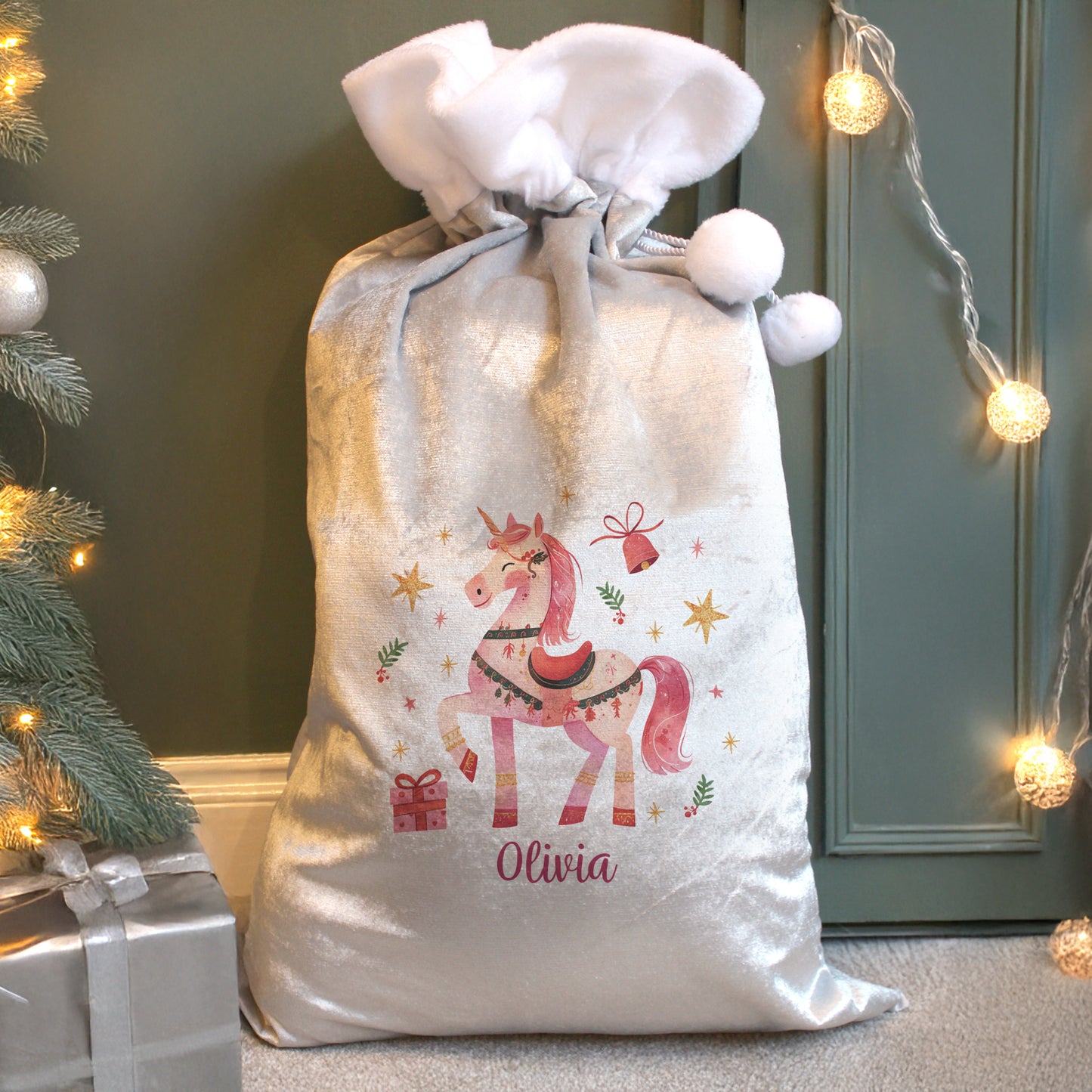 Children's Personalised Unicorn Santa Christmas Sack, Luxury Christmas Sack 68cm