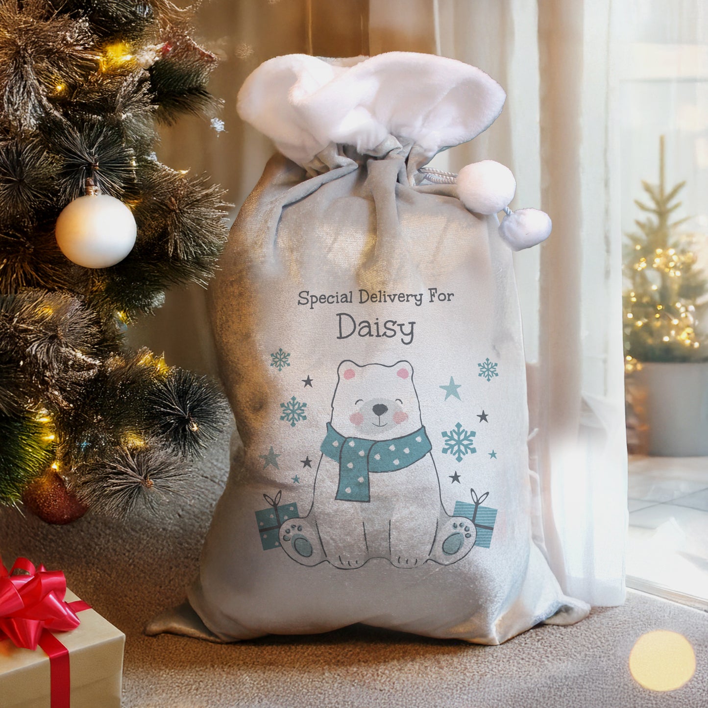 Children's Personalised Polar Bear Santa Christmas Sack, Luxury Christmas Sack 68cm, Name Only