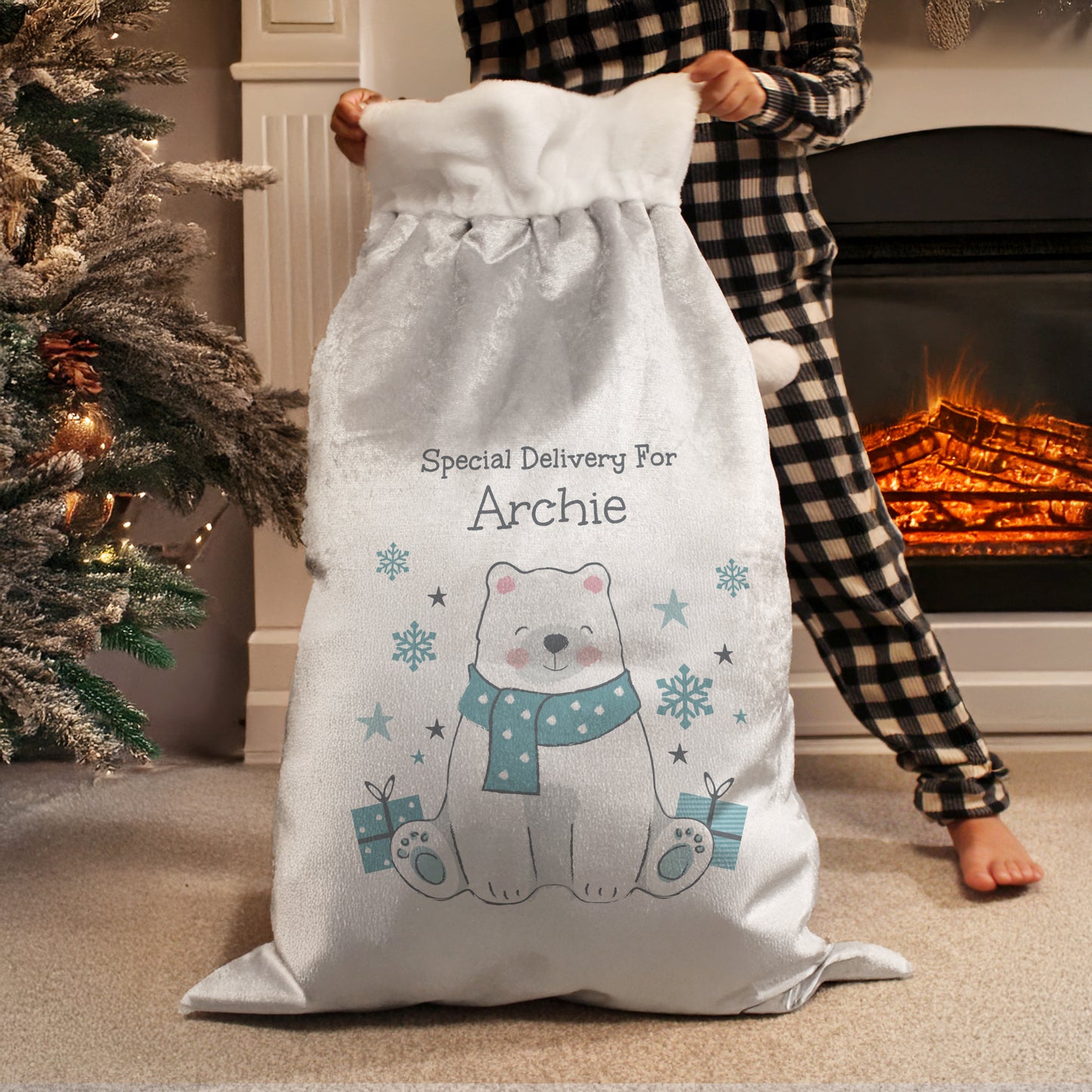 Children's Personalised Polar Bear Santa Christmas Sack, Luxury Christmas Sack 68cm, Name Only