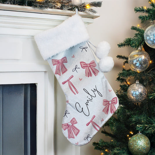 Personalised Grey Pink Christmas Stockings - Cute Pink Bows