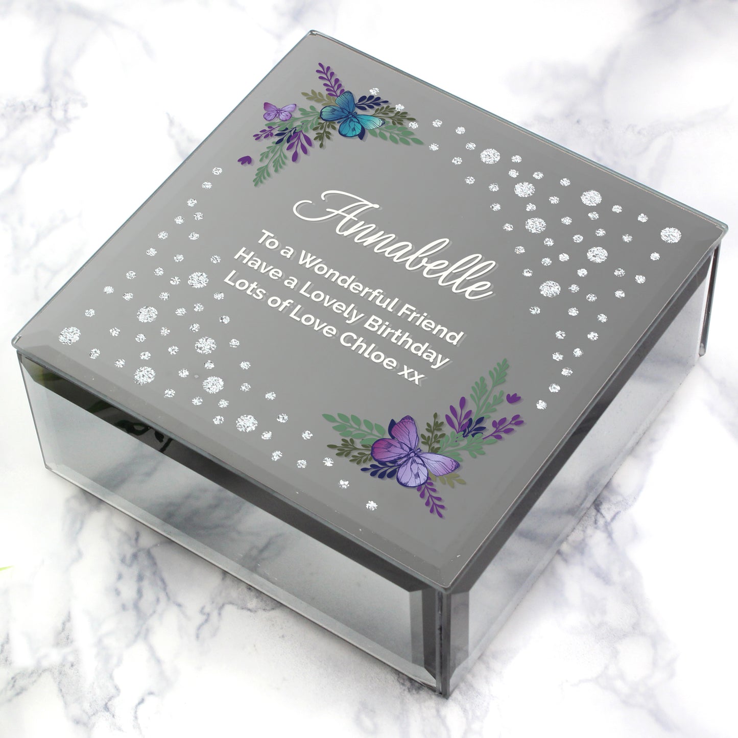 Floral Butterfly Diamante Glass Trinket Box