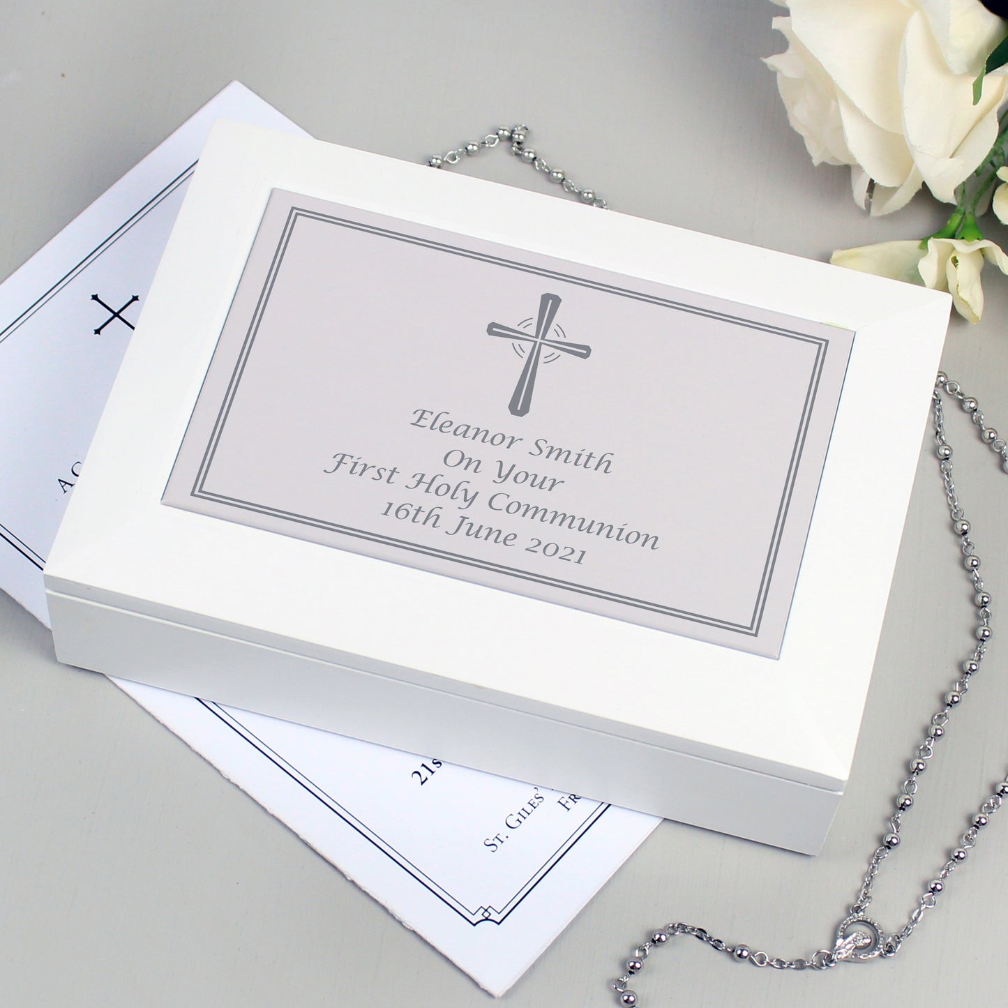 Silver Cross White Wooden Keepsake Box