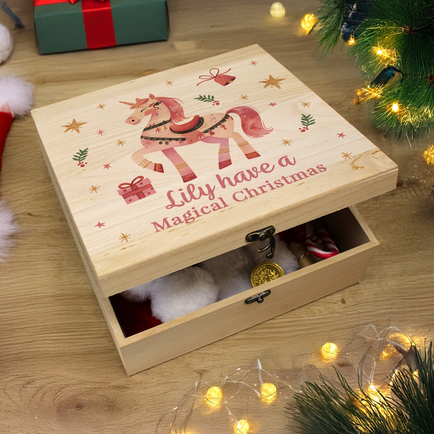 Personalised Wooden Christmas Eve Box, Pink Unicorn Christmas Eve box - Medium 28cmx28cm Box