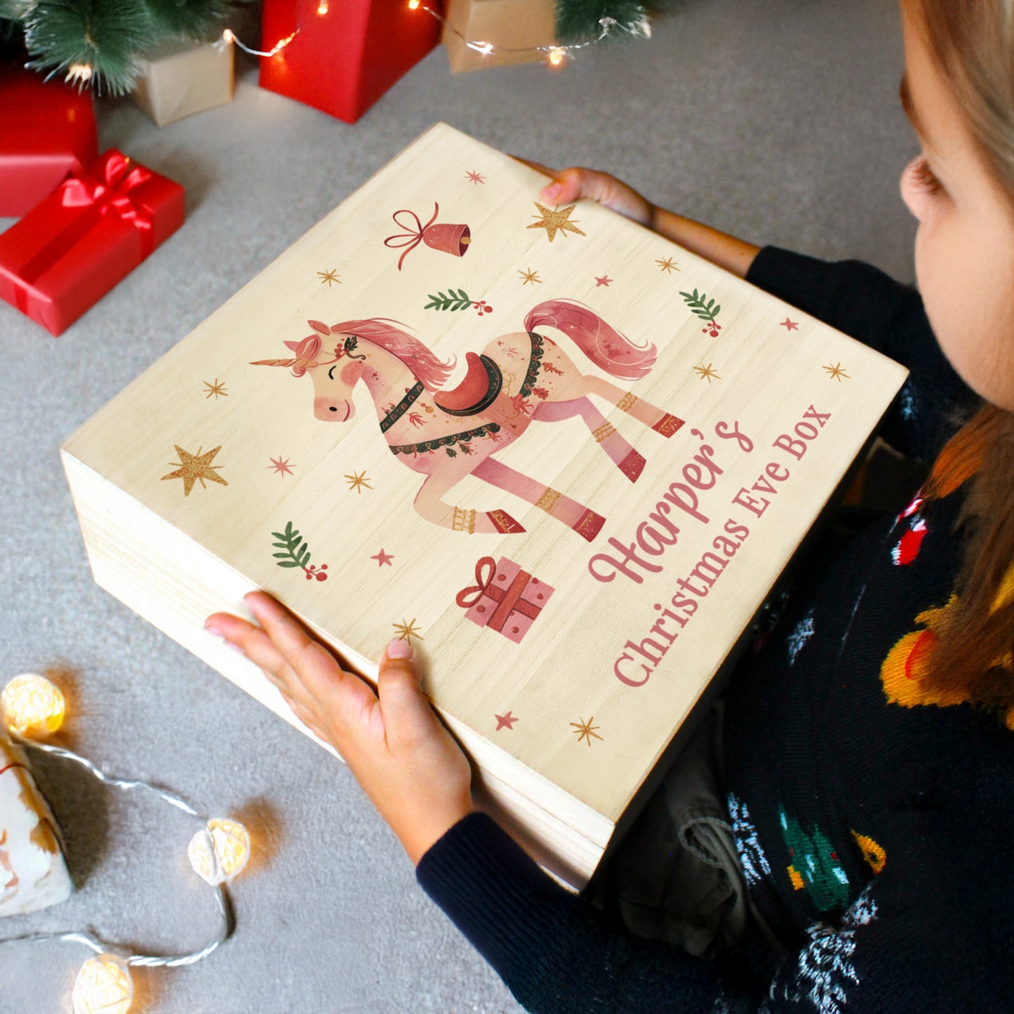 Personalised Wooden Christmas Eve Box, Pink Unicorn Christmas Eve box - Medium 28cmx28cm Box