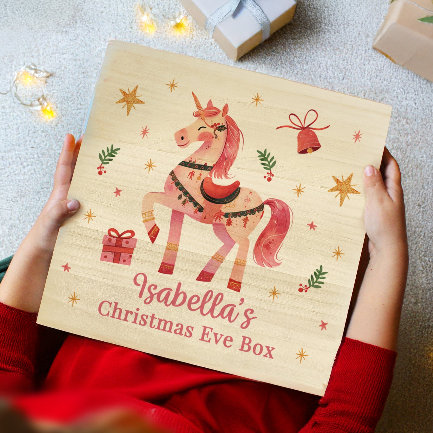 Personalised Wooden Christmas Eve Box, Pink Unicorn Christmas Eve box - Medium 28cmx28cm Box