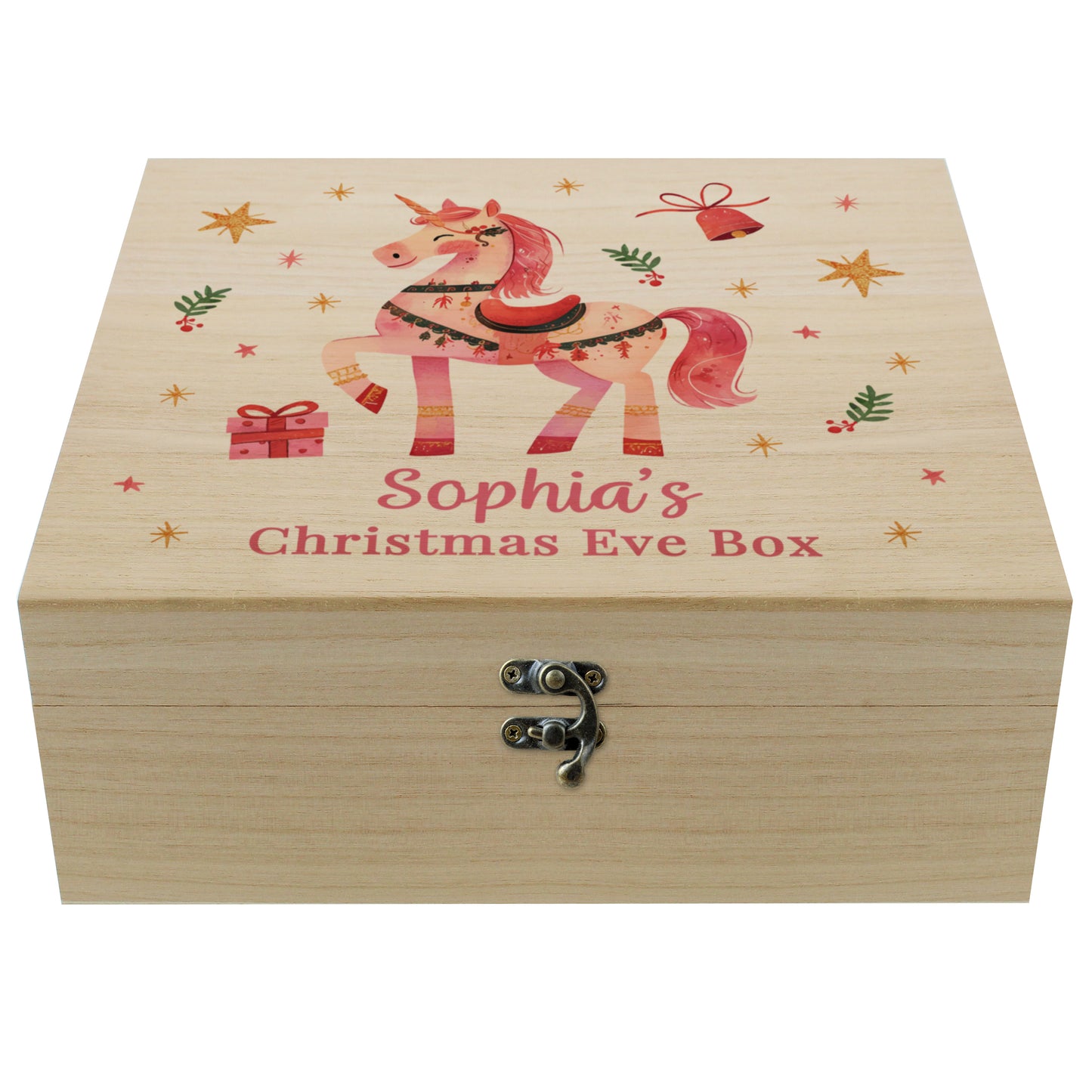 Personalised Wooden Christmas Eve Box, Pink Unicorn Christmas Eve box - Medium 28cmx28cm Box