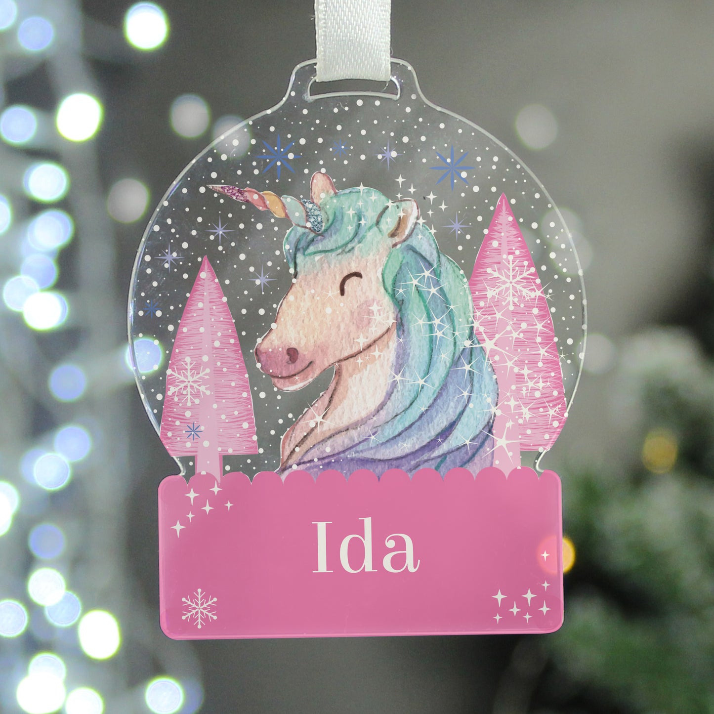 Personalised Tree Decoration for Girls, Pink Snowglobe Tree Decoration,