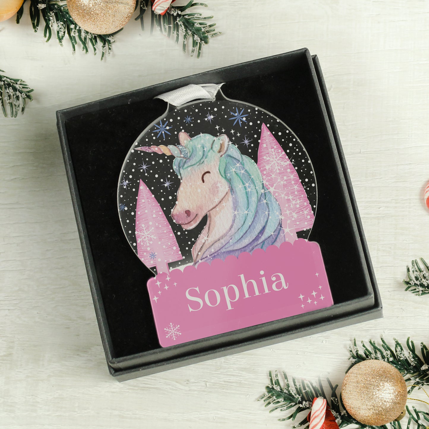 Personalised Tree Decoration for Girls, Pink Snowglobe Tree Decoration,