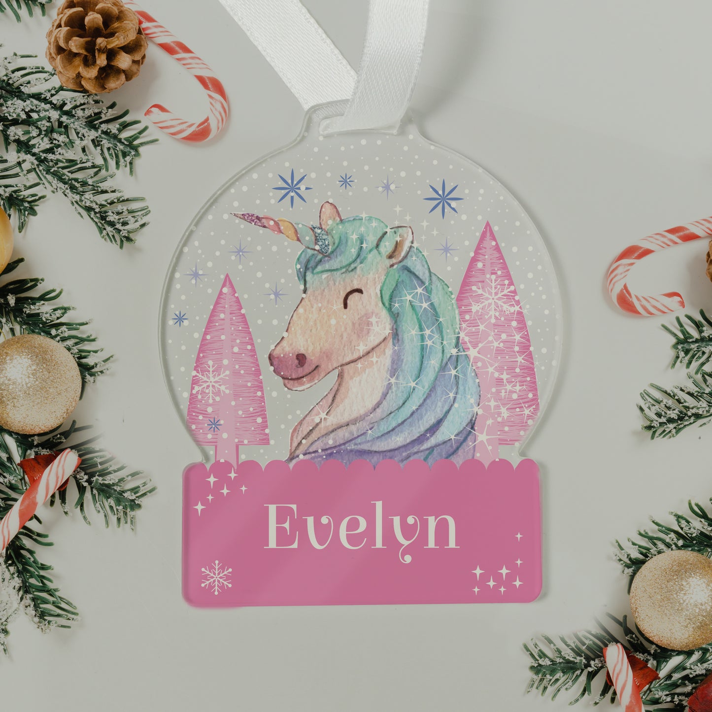 Personalised Tree Decoration for Girls, Pink Snowglobe Tree Decoration,