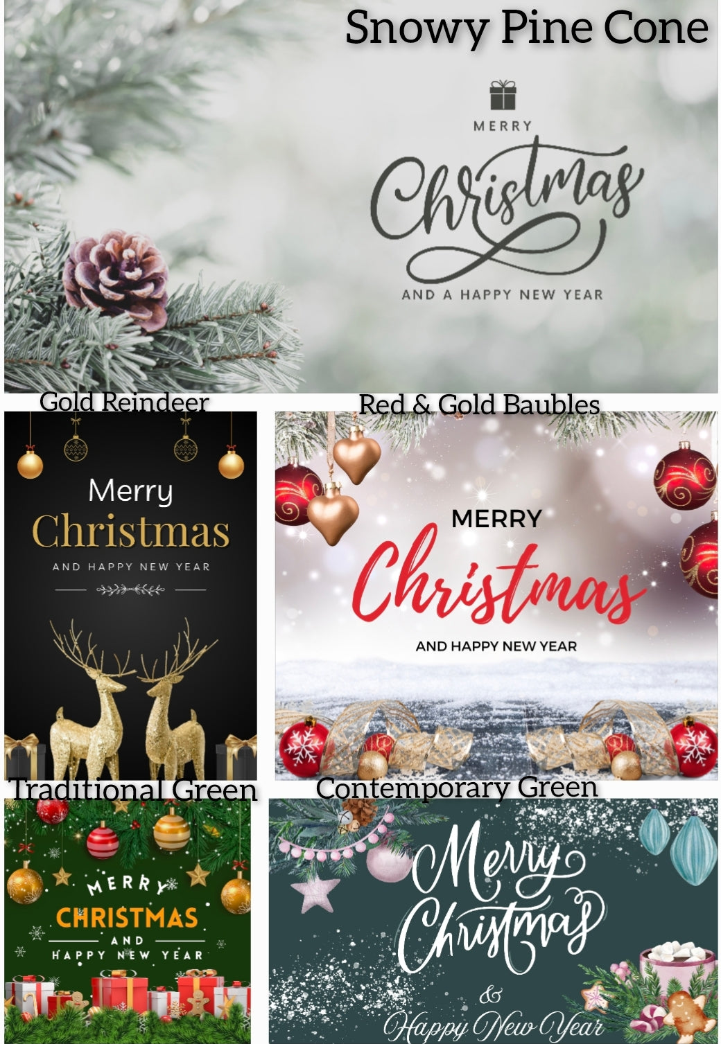 Collection of Christmas-themed personalised cards with different designs and colors.