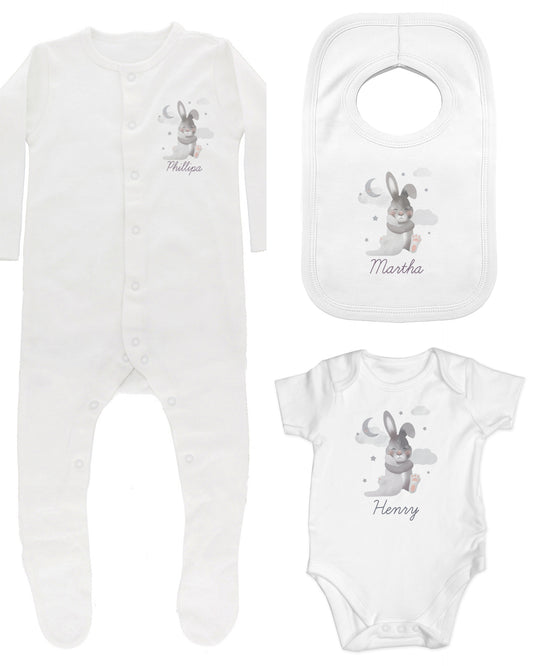 3PC Baby Bunny Babygrow & Bib Set - 0-3 Months
