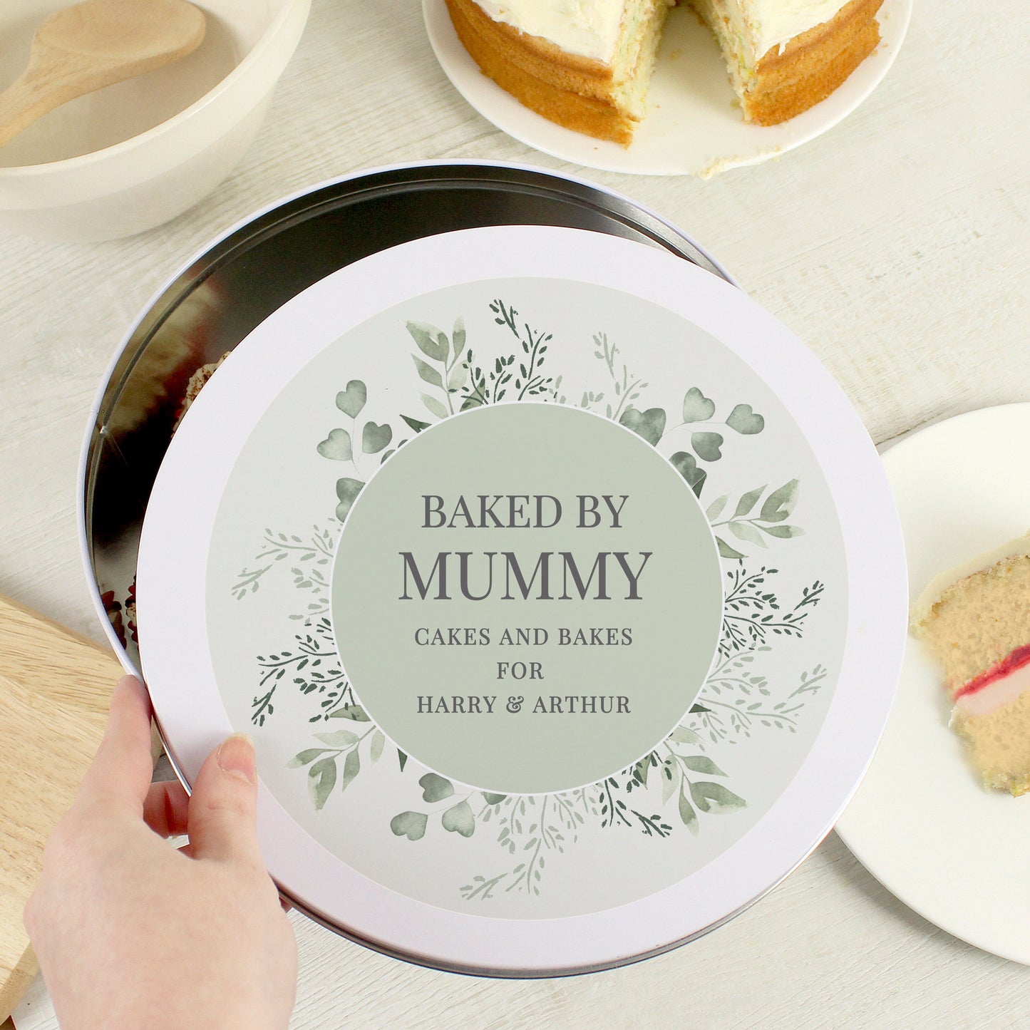Personalised 9in White Round Cake Tin - Botanical Design