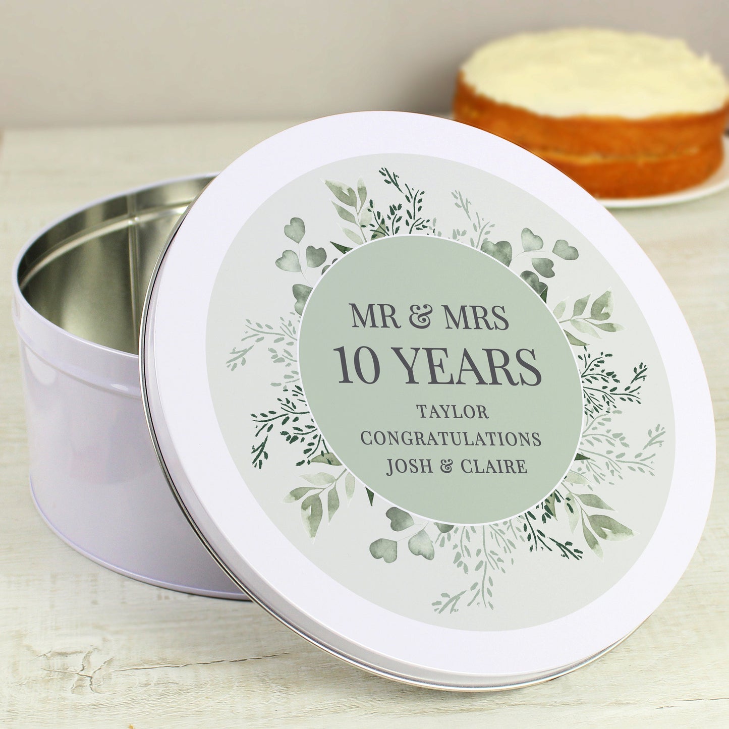 Personalised 9in White Round Cake Tin - Botanical Design