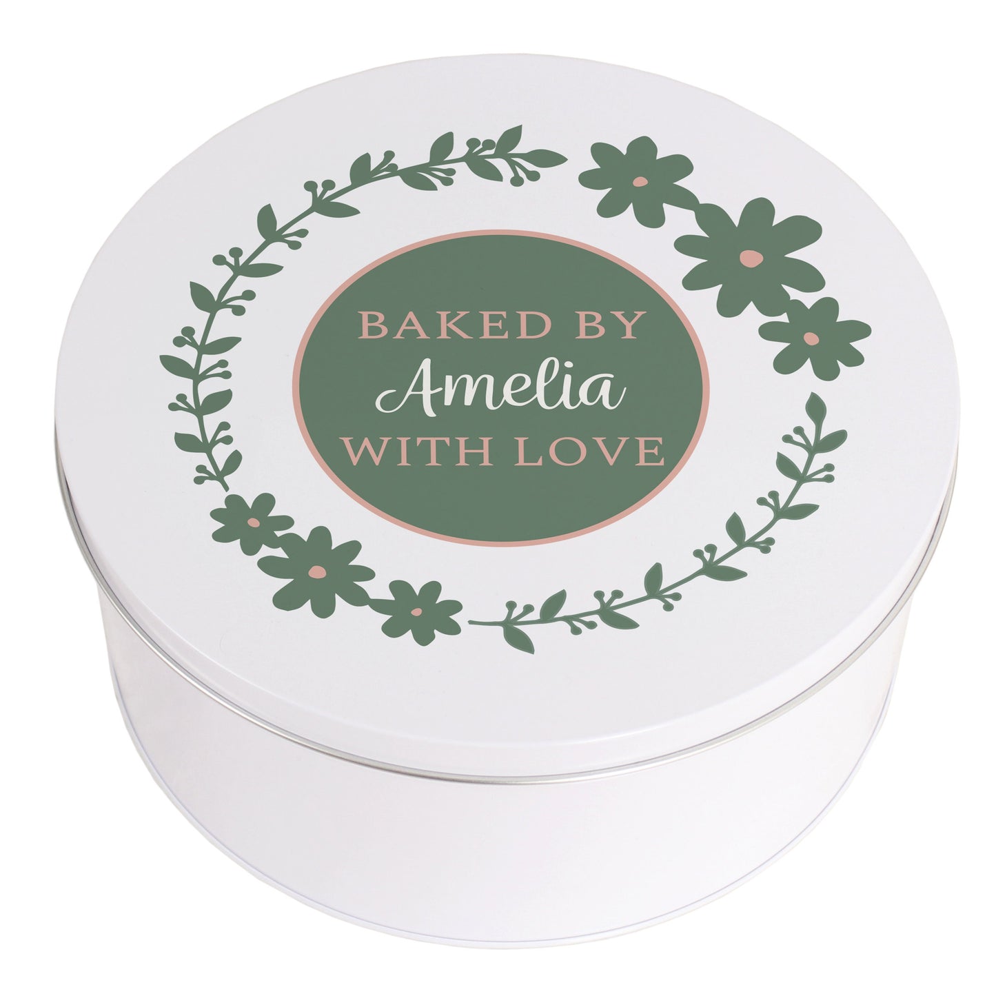 Personalised Vintage Floral Style Round Cake Tin Design Dusty Pink Pickle Green