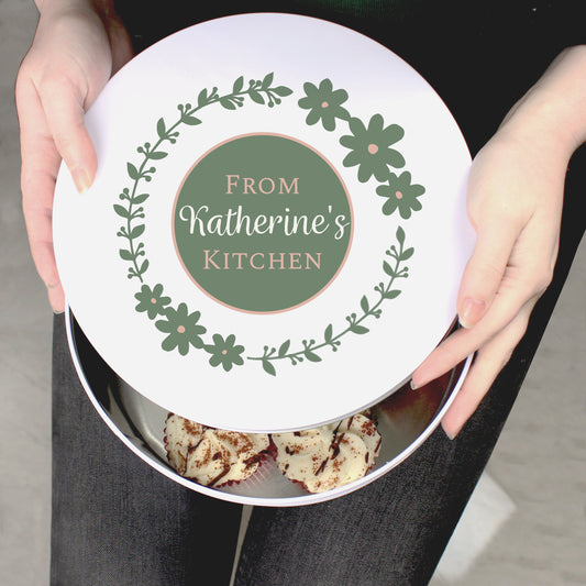 Personalised Vintage Floral Style Round Cake Tin Design Dusty Pink Pickle Green