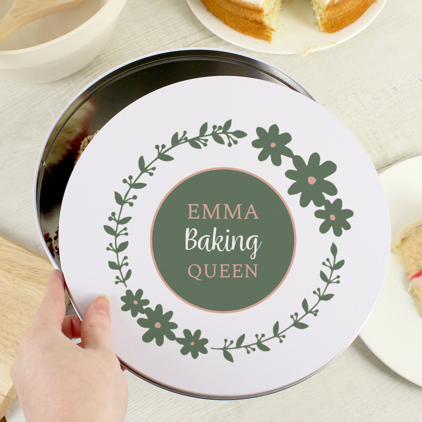 Personalised Vintage Floral Style Round Cake Tin Design Dusty Pink Pickle Green